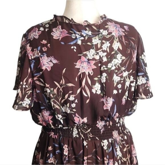 Lane Bryant Brown Floral Sleeve Flutter Bohemian Chiffon Maxi Dress Size 22/24W - Picture 7 of 13